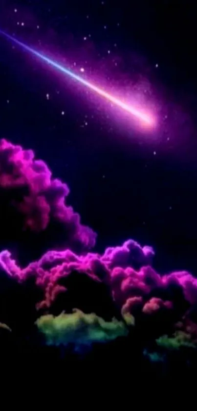 Colorful night sky with clouds and shooting star.