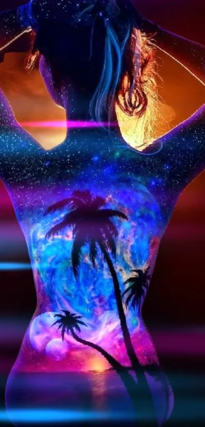 Silhouette with galaxy art and palm tree design in vibrant colors and neon glow.