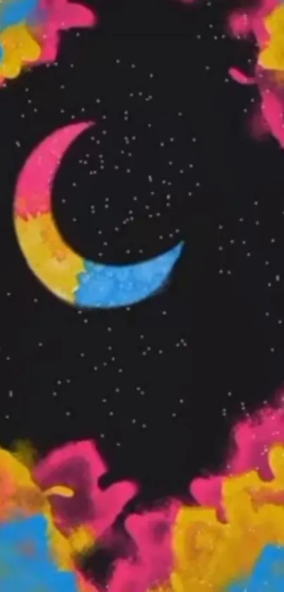 Colorful crescent moon with starry sky and nebula design.