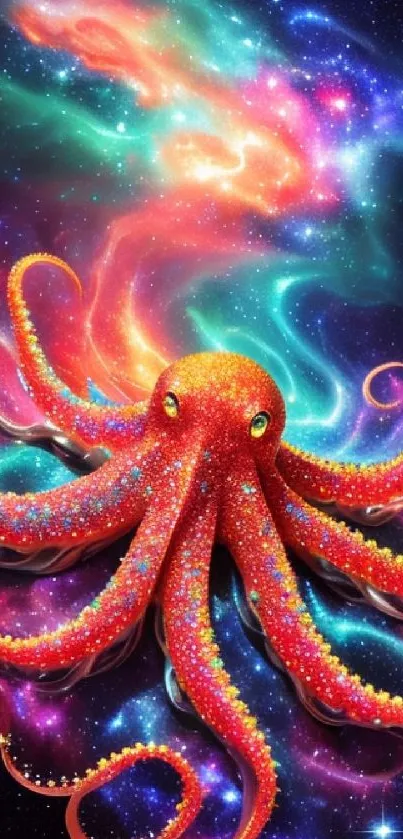 Colorful cosmic octopus art with galaxy background, vibrant and imaginative design.