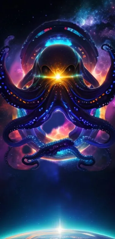 Cosmic octopus surrounded by colorful nebula in space.