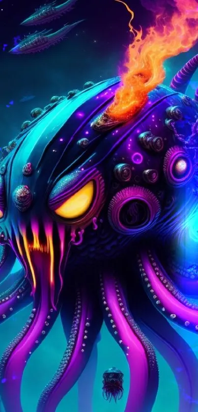 Vibrant cosmic octopus with neon hues on a deep blue background.