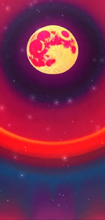 Vibrant cosmic wallpaper with glowing red orbs on a dark background.