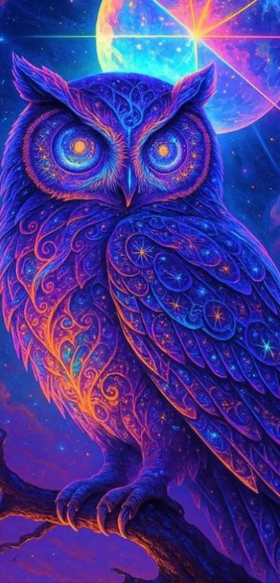 Vibrant purple owl with cosmic backdrop