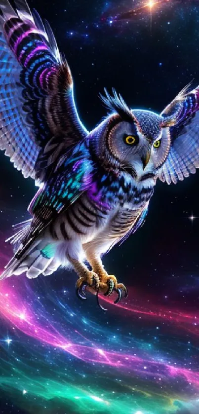 Cosmic owl with colorful galaxy background and vibrant wings.