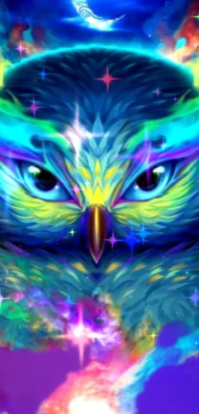 Vibrant and colorful cosmic owl art with luminous effects.