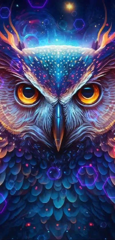 Vibrant cosmic owl with colorful feathers and a starry background.