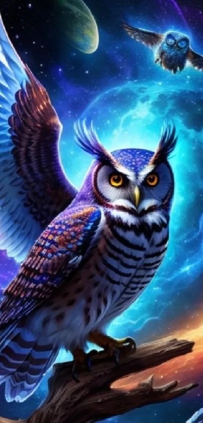 Vibrant cosmic owl with galaxy background.