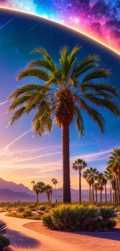 Colorful night sky with palm trees under a cosmic arc.