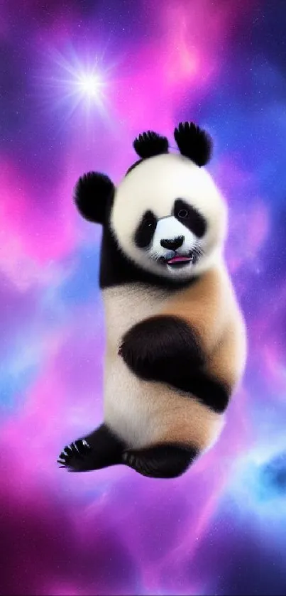 Cute panda floating in a vibrant purple and blue cosmic background.