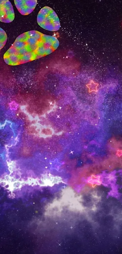 Vibrant nebula with colorful paw print in dark space theme.