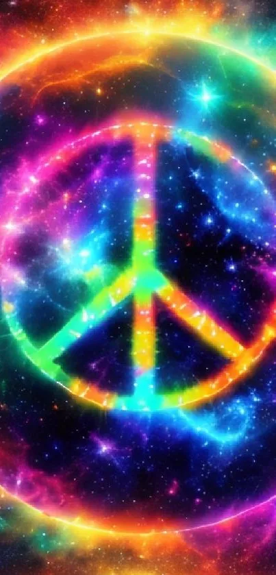 Vibrant rainbow peace sign set in a cosmic galaxy background.