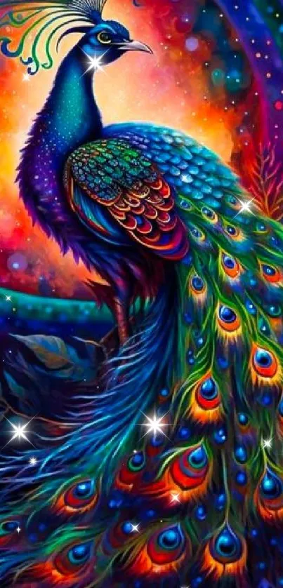 Vibrant cosmic peacock illustration with colorful feathers.