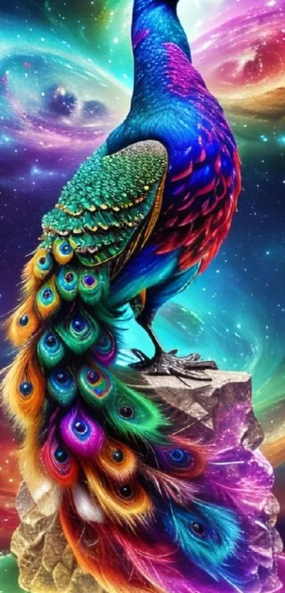 Vibrant peacock with a cosmic galaxy background art