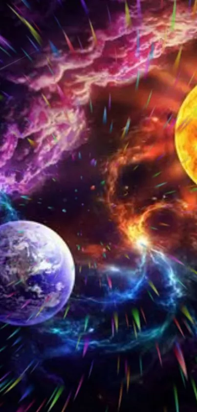 Colorful cosmic wallpaper with planets and swirling colors.