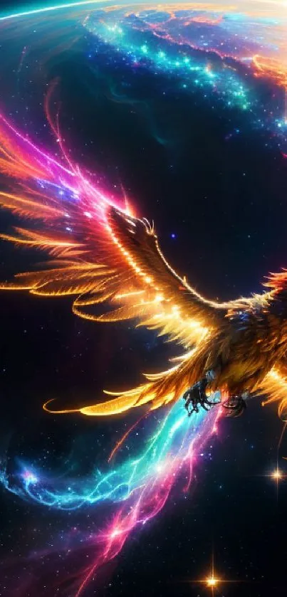 Vibrant cosmic phoenix soaring in galaxy with colorful wings.