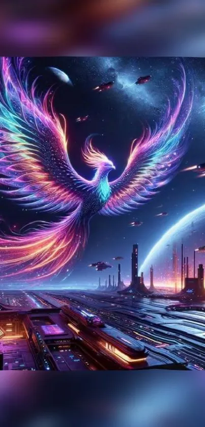 Digital art of a vibrant phoenix flying over a futuristic cityscape.