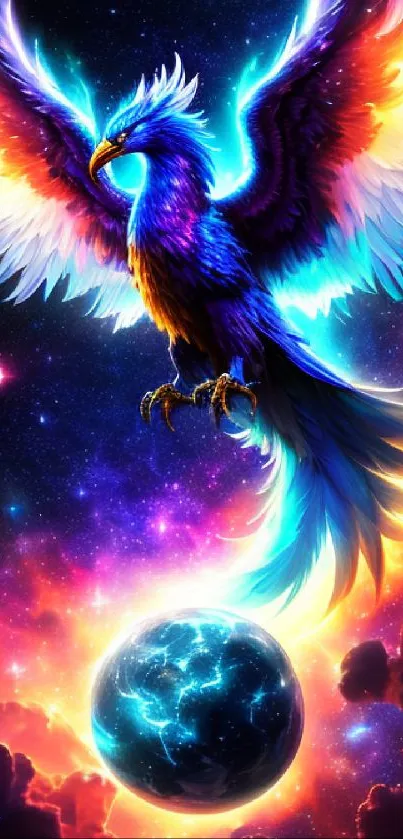 Vibrant cosmic phoenix with colorful feathers soaring above a glowing Earth.