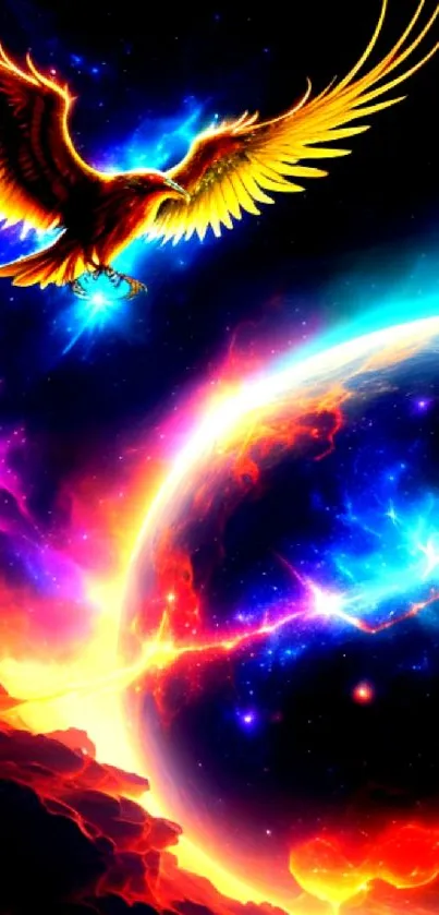 A vibrant cosmic phoenix soars over a fiery celestial landscape.