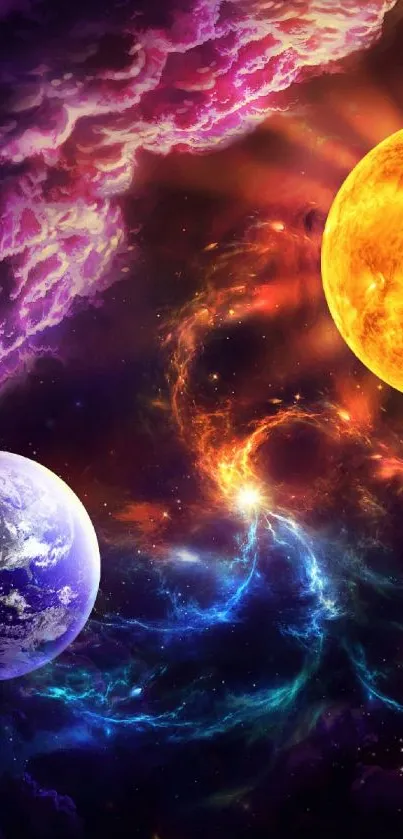 Colorful cosmic scenery with planets and glowing nebulae for mobile wallpaper.