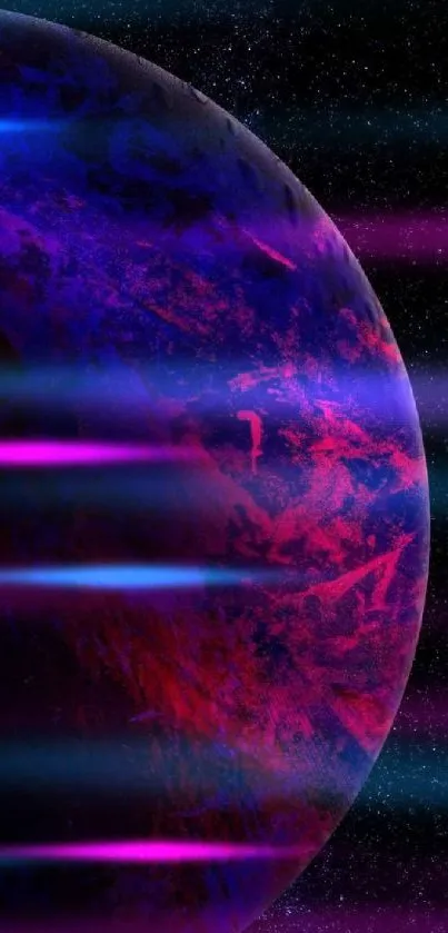 Vibrant cosmic planet wallpaper with purple, red, and blue hues.