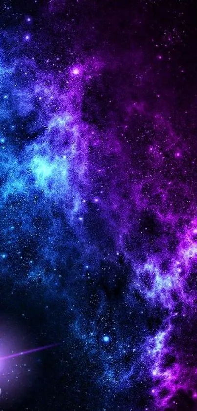 Vibrant purple and blue galaxy wallpaper with stars and celestial elements.