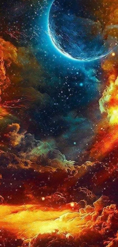 Vibrant cosmic wallpaper with fiery clouds and a serene blue night sky.