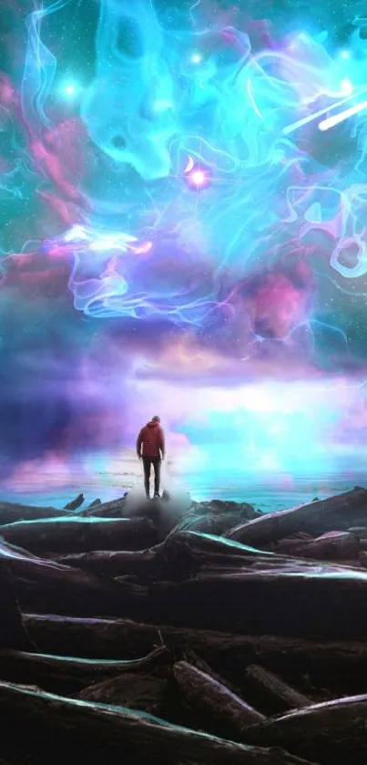 Man standing under a vibrant cosmic sky with colorful nebula.