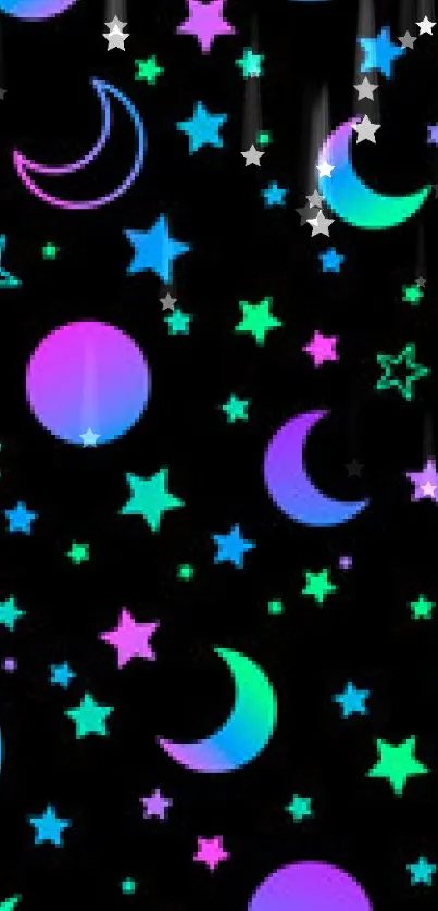 Neon cosmic wallpaper with stars and moons on a black background.