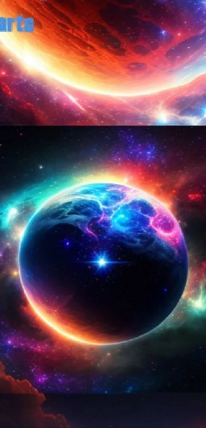 Vibrant cosmic wallpaper depicting colorful planets and nebulae.