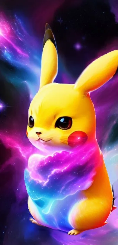 Cosmic Pikachu with a vibrant neon galaxy background.