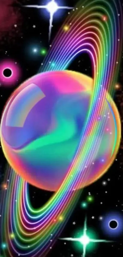 Vibrant cosmic planet with colorful rings on a black space background.