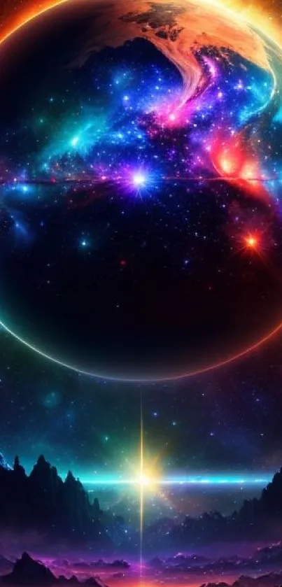 Colorful cosmic scene with glowing planet.