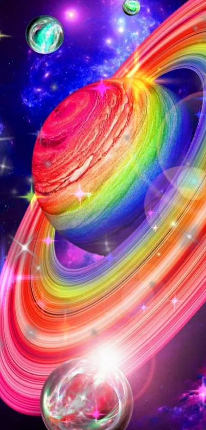 Vibrant rainbow planet with swirling rings in cosmic galaxy.