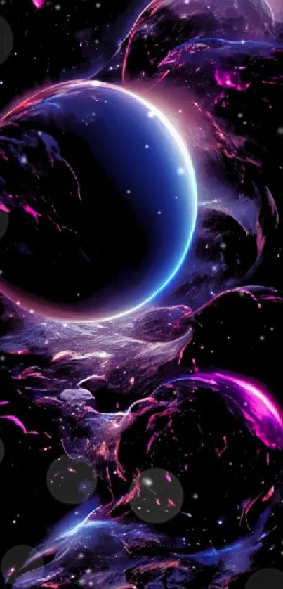 Cosmic planet wallpaper with vibrant neon colors.