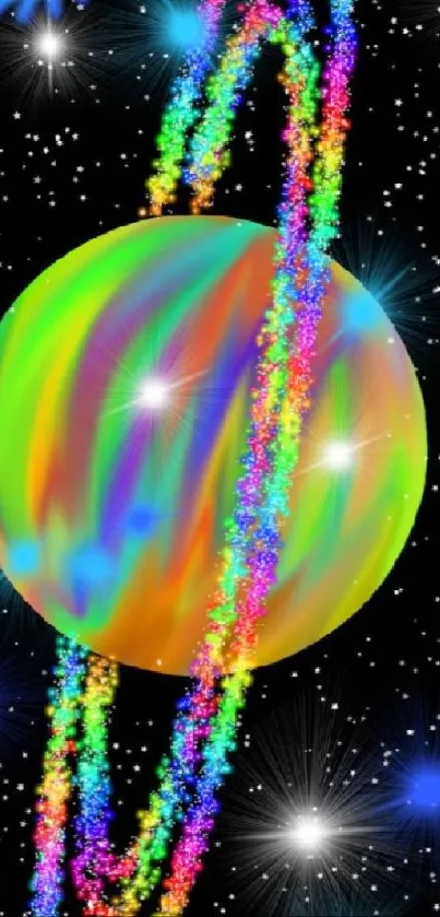 Colorful cosmic planet with neon rainbow rings and stars.