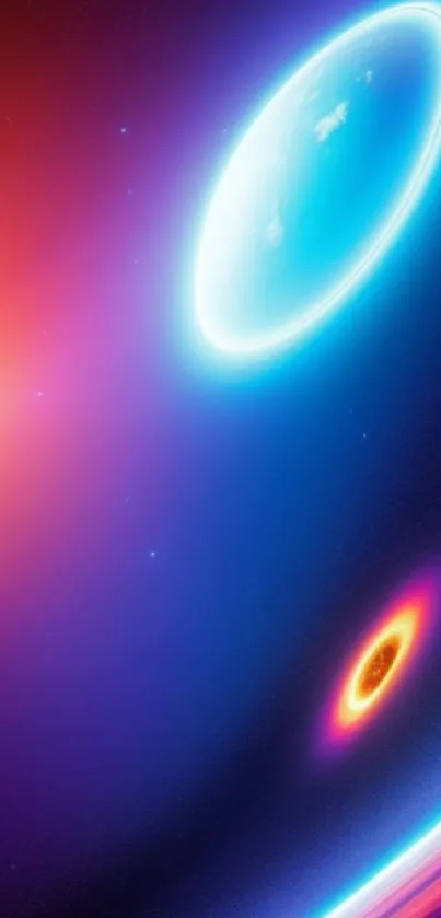 Colorful cosmic scene with planets and vibrant galaxy hues for mobile wallpaper.