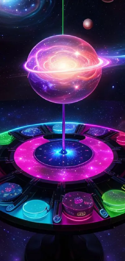 Vibrant cosmic planet design with neon colors and galaxy background.