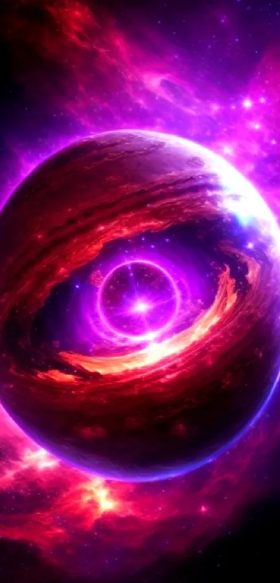 Colorful cosmic planet with vibrant pink and purple hues on mobile wallpaper.