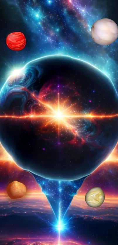 Explosive cosmic display with planets and vibrant nebulae.