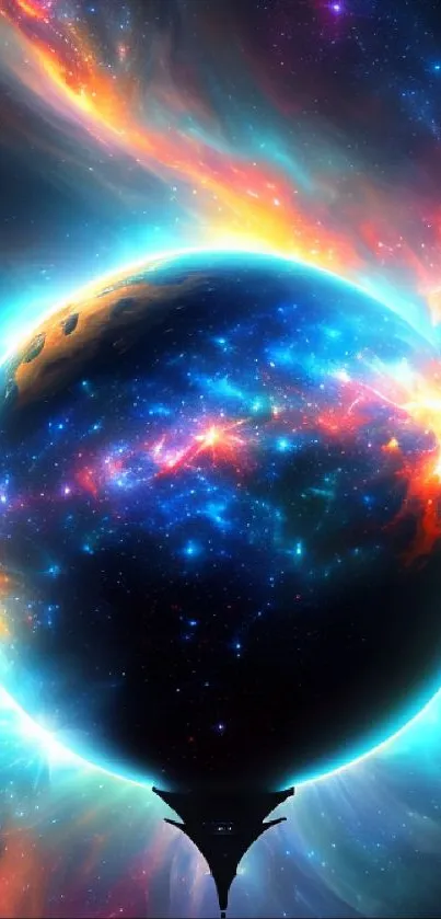 Cosmic wallpaper with vibrant colors and a glowing planet surrounded by nebula.