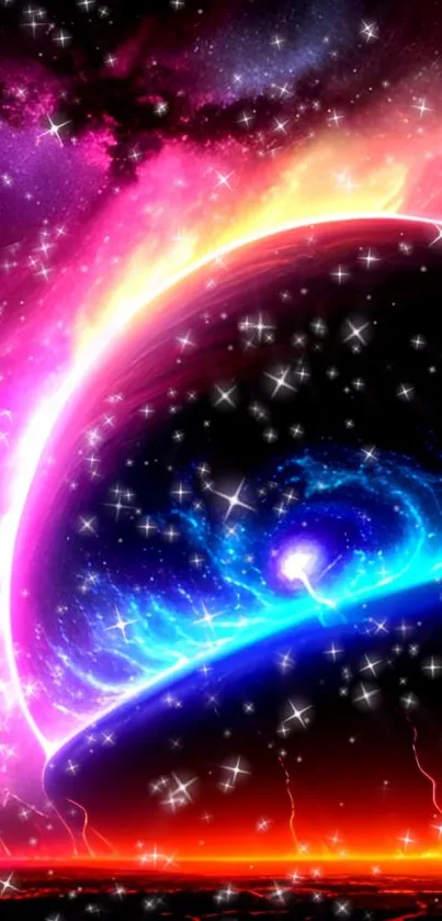 Vibrant cosmic wallpaper featuring a neon-lit planet with colorful celestial background.