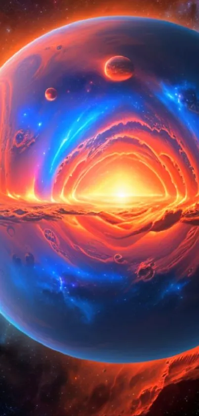 Vibrant cosmic planet with red-orange and blue hues, featuring celestial elements.