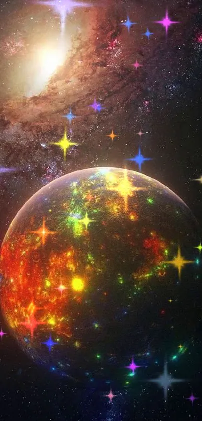 Vibrant cosmic wallpaper with a glowing planet and colorful galaxy.