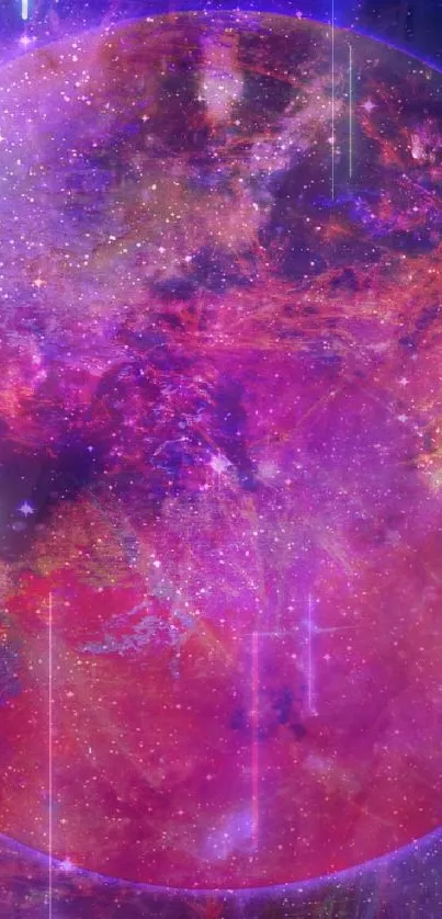 Vibrant cosmic planet with colorful nebula backdrop.