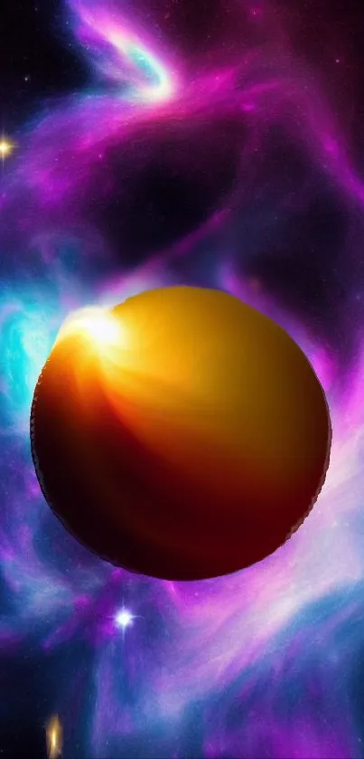 A vibrant cosmic planet amidst colorful nebulae on a mobile wallpaper.