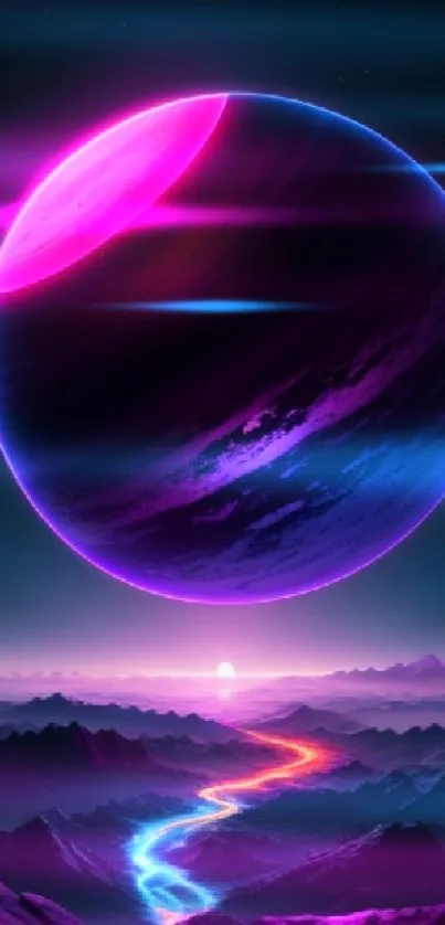 Vibrant cosmic wallpaper with a glowing planet and colorful sky.