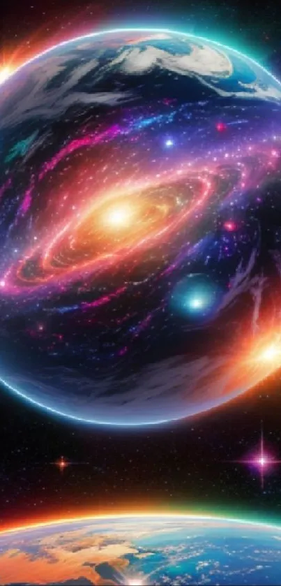Vibrant cosmic planet with colorful galaxies in space.