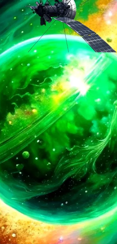 Vibrant green cosmic planet with satellite in orbit.