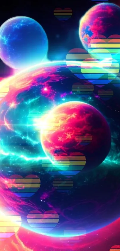 Vibrant cosmic wallpaper with neon planets and heart accents.